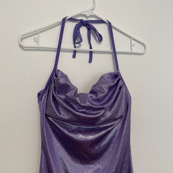 NEW NWT SHEIN SXY Backless Ruched Halter Bodycon Dress Purple Silver Iridescent - Picture 7 of 16